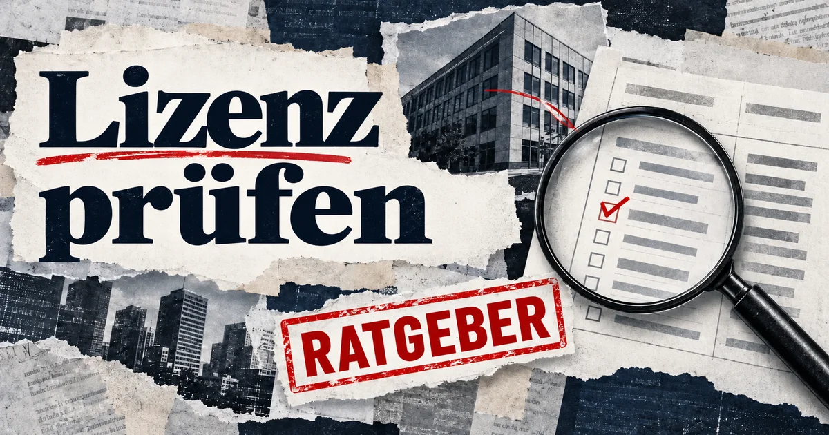 Redaktionelle Illustration: Broker-Lizenz prüfen: Firma, Register und Website abgleichen